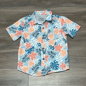 Eddie Bauer 3T Button Up Shirt Blue Orange Floral Tropical Vacation Stretch